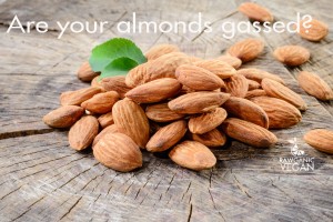 Almond. Nuts with leaves on wooden background