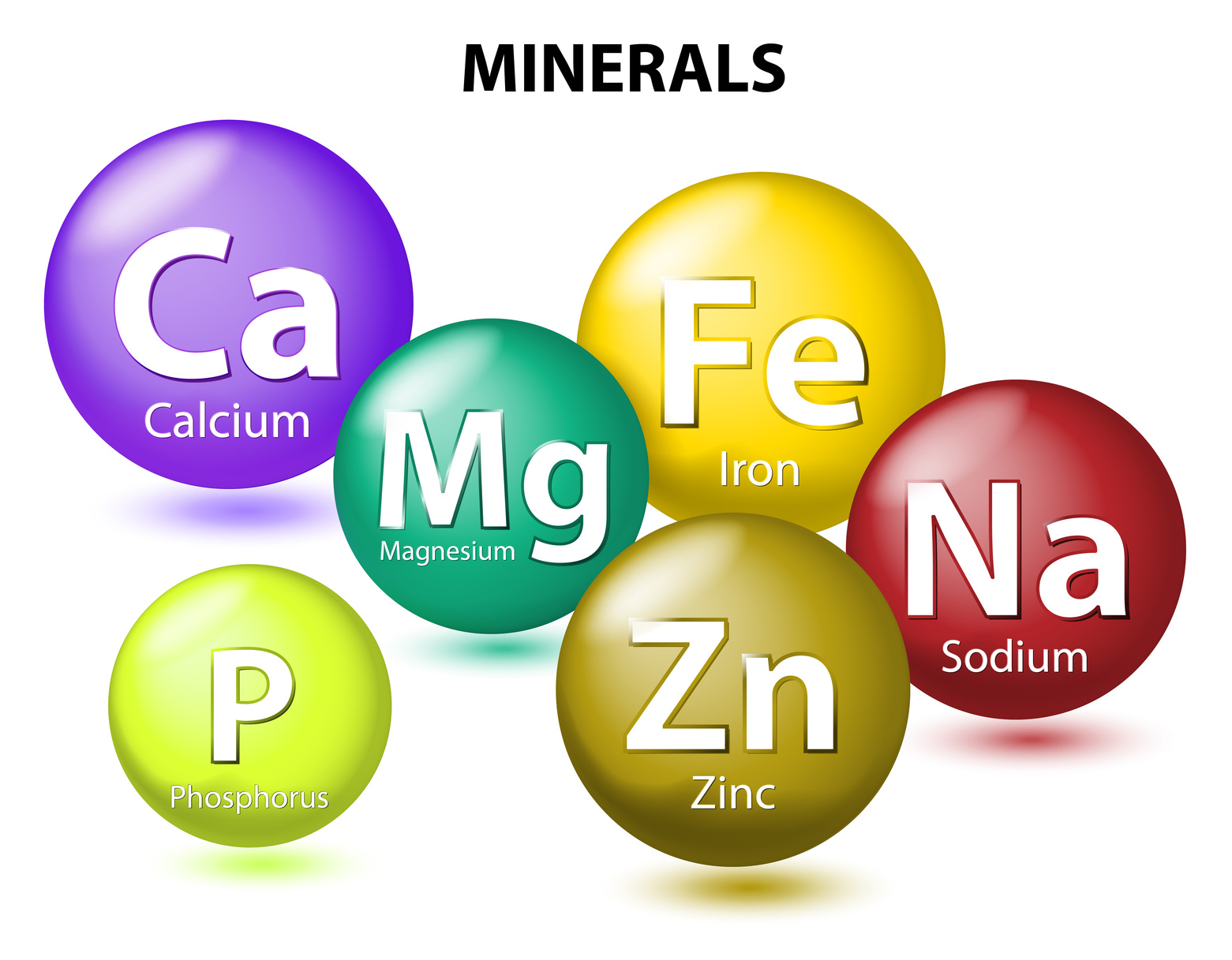 Essential chemical minerals or Dietary element. mineral nutrients. minerals and trace minerals are inorganic elements. Human body needs them to grow and stay healthy. Vector Illustration
